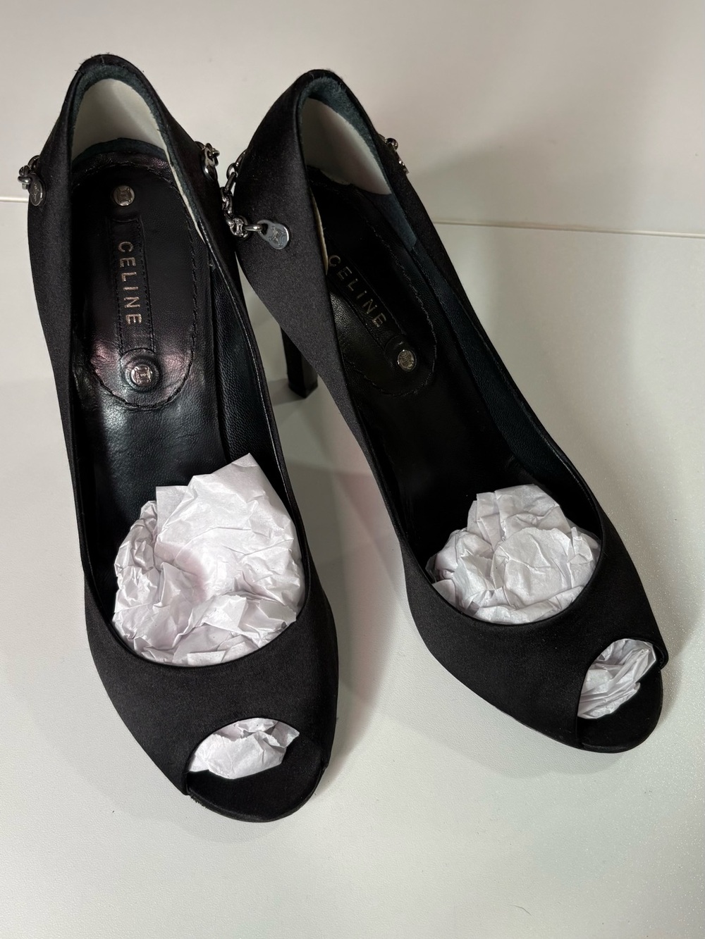 Luxury Celine Black Satin Peep-Toe Stiletto with Silver Chain Accent 36.5 - Picture 10 of 10